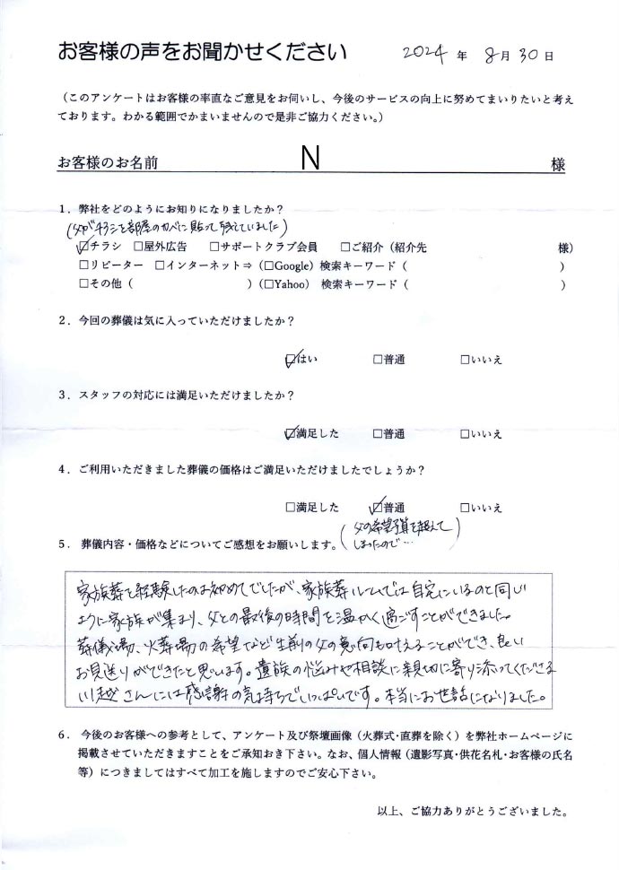 アンケート。【弊社をどのようにお知りになりましたか？】チラシ。（父がチラシを部屋のカベに貼って残していました）【今回の葬儀は気に入っていただけましたか？】はい。【スタッフの対応には満足いただけましたか？】満足した。【ご利用いただきました葬儀の価格はご満足いただけましたでしょうか？】普通。(父の希望予算を超えてしまったので…)